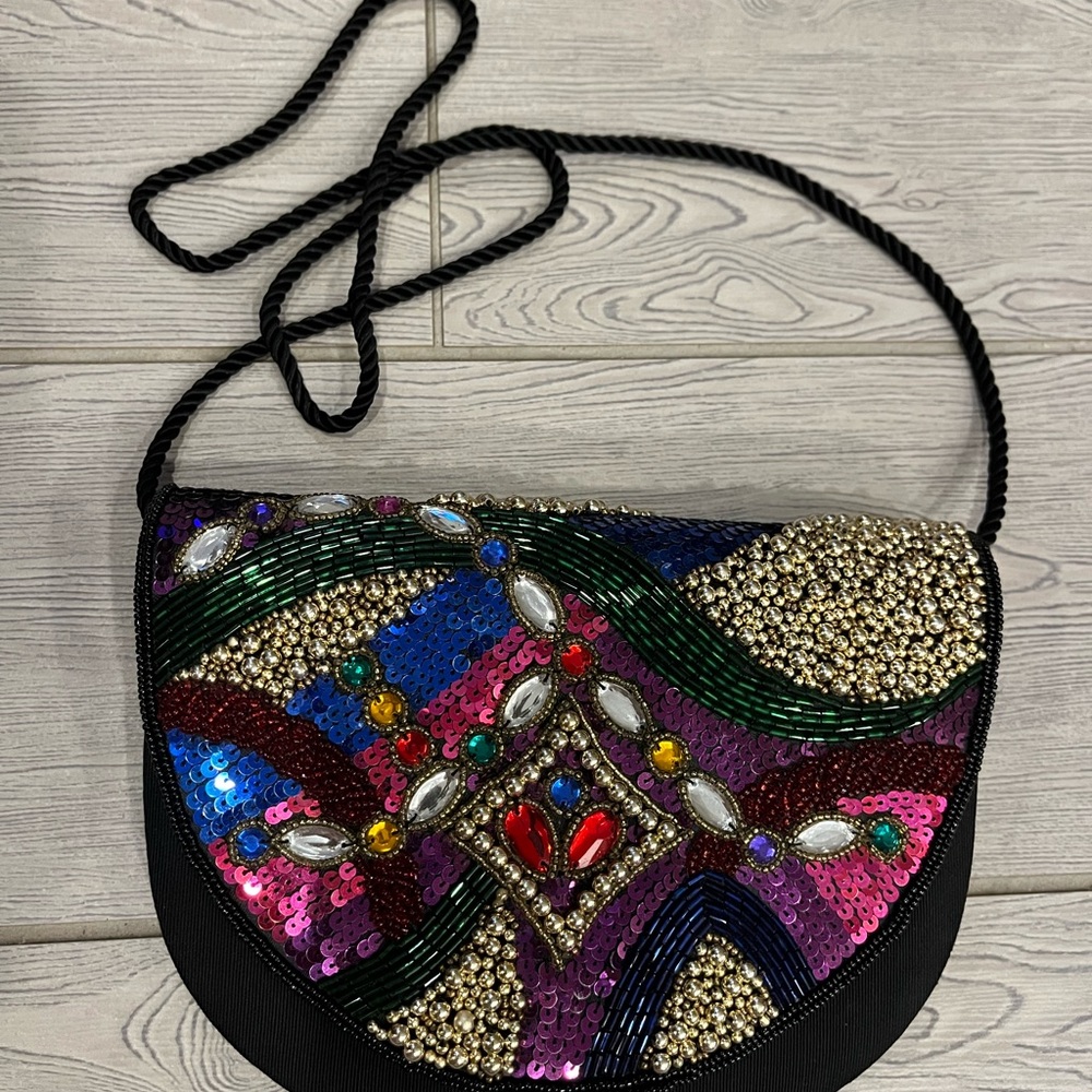1980s Partners Mervyns Beaded Crossbody Evening Bag with Patchwork Design